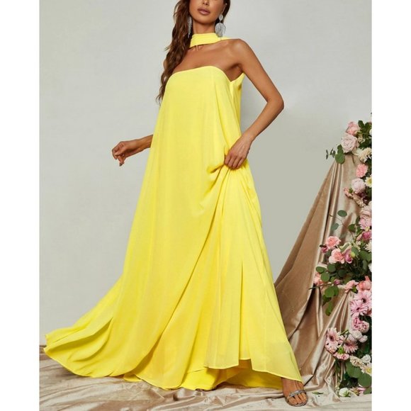 Choker Neck Backless Maxi Dress Yellow FORMAL PROM WEDDING DATE VACATION - Picture 1 of 7